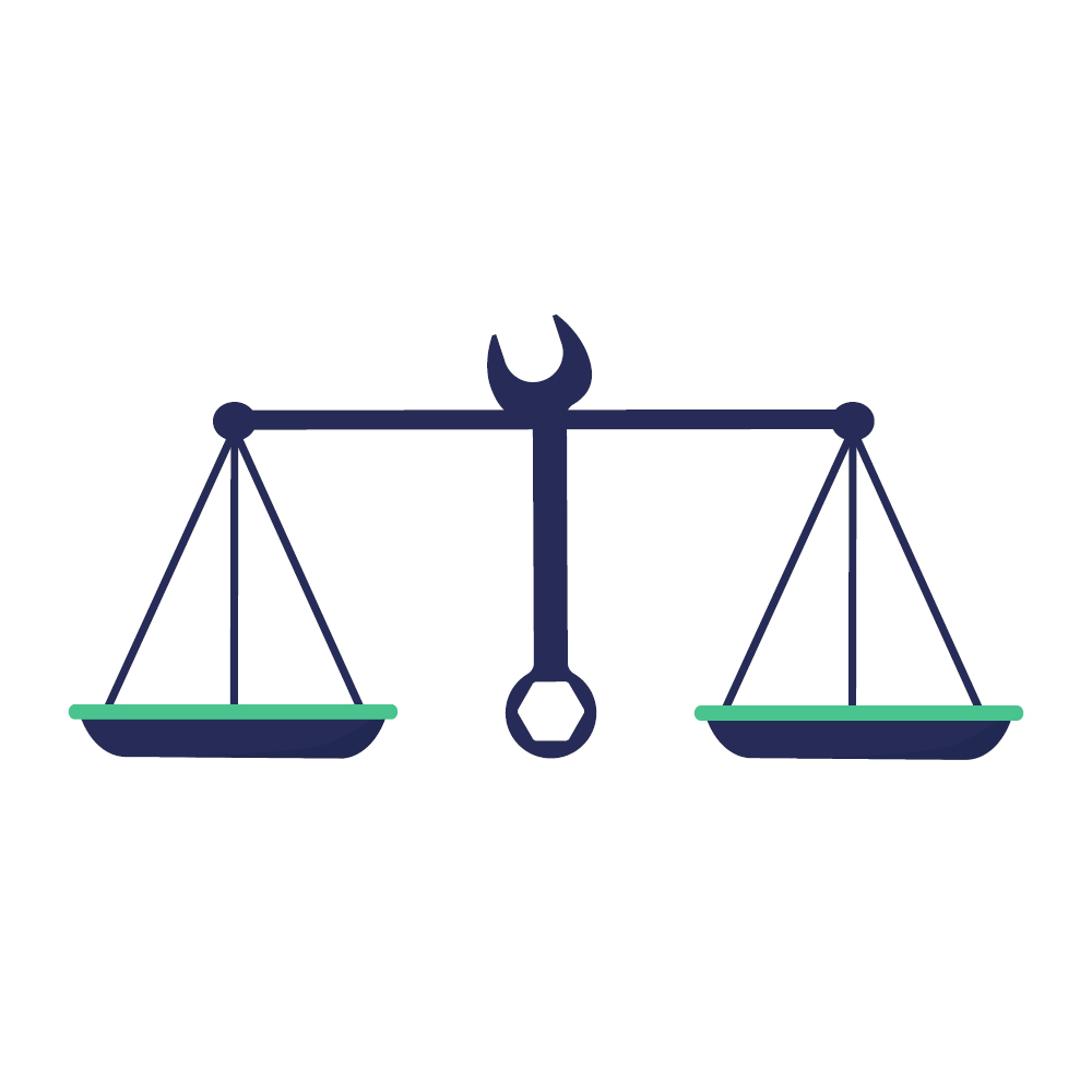 An illustration of a wrench and a law weight