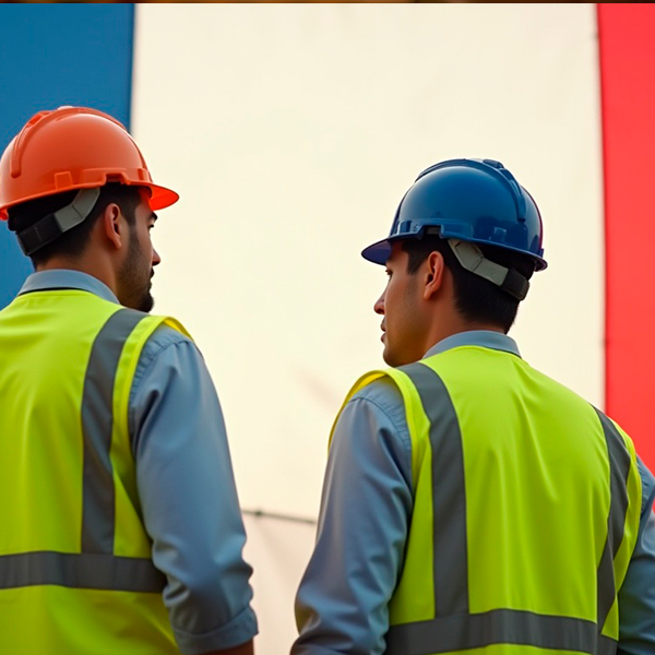 Commissioning engineers with the french flag in the background
